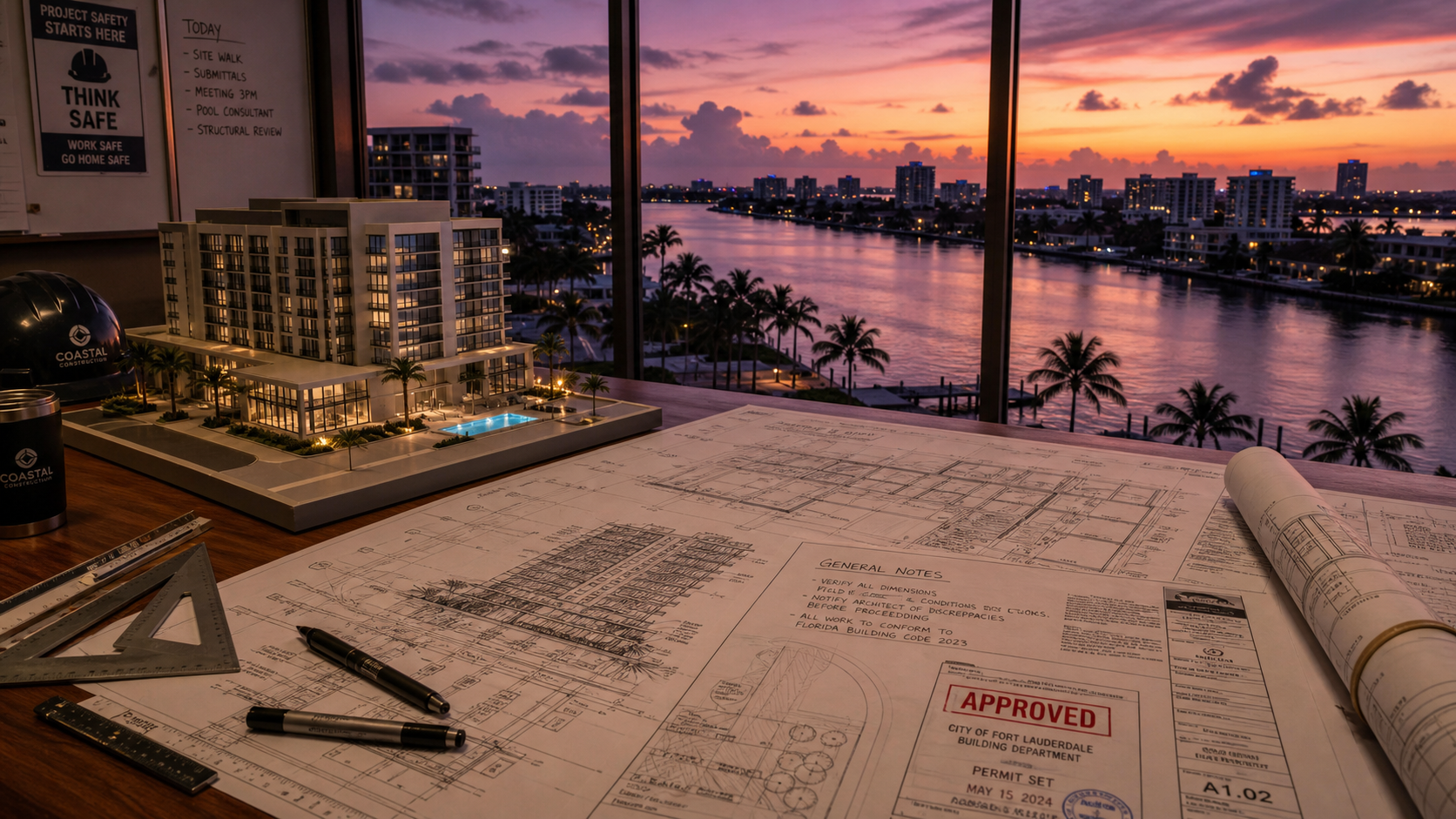 Architectural blueprints, permit drawings and a building model on a drafting desk overlooking a South Florida waterfront at dusk